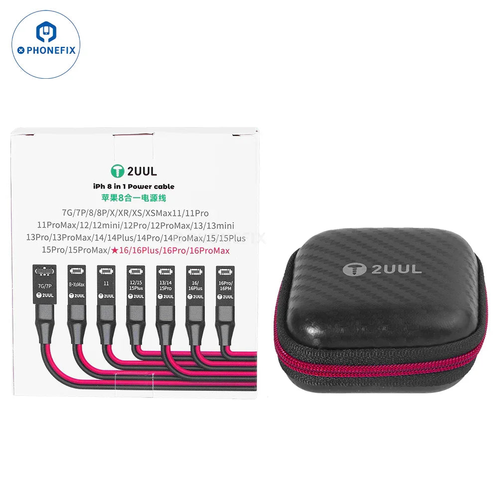 PHONEFIX 2UUL ultra-soft power supply boot cable for iPhone 7 to iPhone 16 Pro Max, showing the flexible cable and connector.