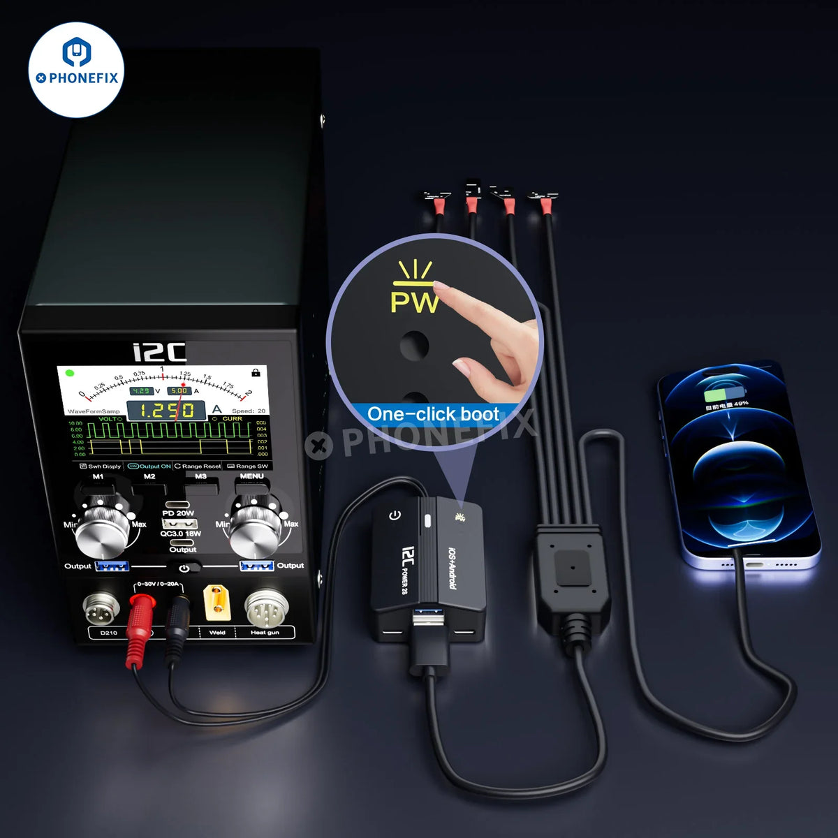 PHONEFIX i2C Boot Box power supply cable for iPhone and Android devices, featuring one-click connection for charging and data transfer.