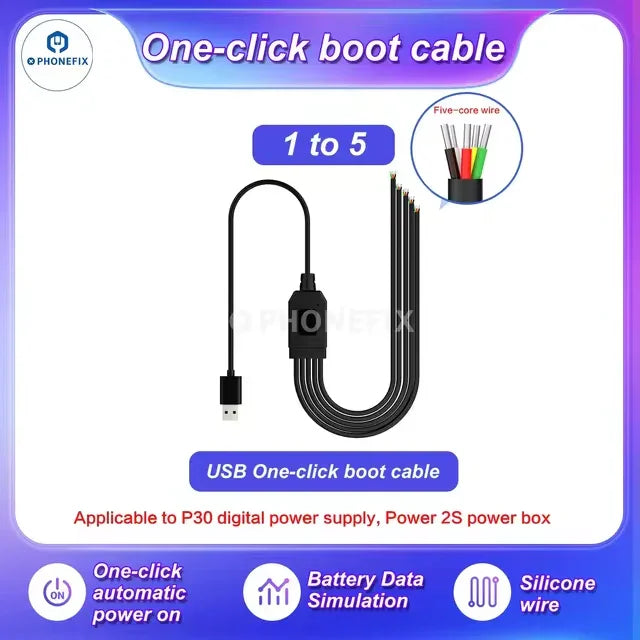 PHONEFIX i2C Boot Box power supply cable with USB connector for iPhone and Android devices shown in the image.