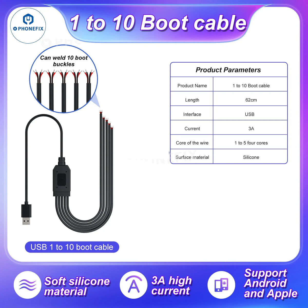 PHONEFIX i2C Boot Box power supply cable for iPhone and Android devices, featuring one-click connection for easy charging.
