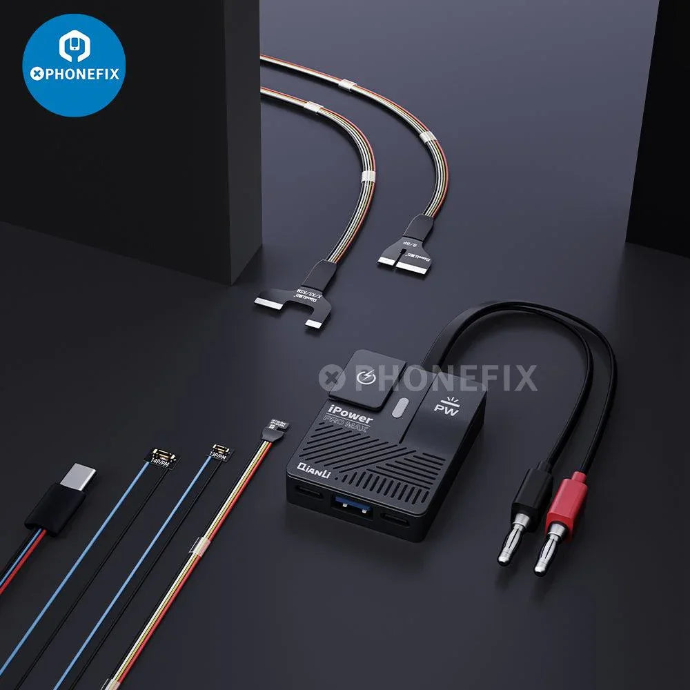 PHONEFIX QIANLI iPower PRO MAX DC power cable connected to an iPhone 6-16 PRO MAX, showing the cable's connectors and build.