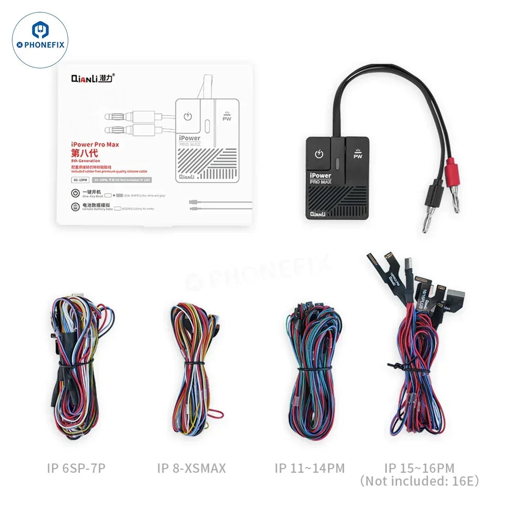 QIANLI iPower Pro Max DC power supply test cable for iPhone 6 to iPhone 16 Pro Max, shown connected to device.
