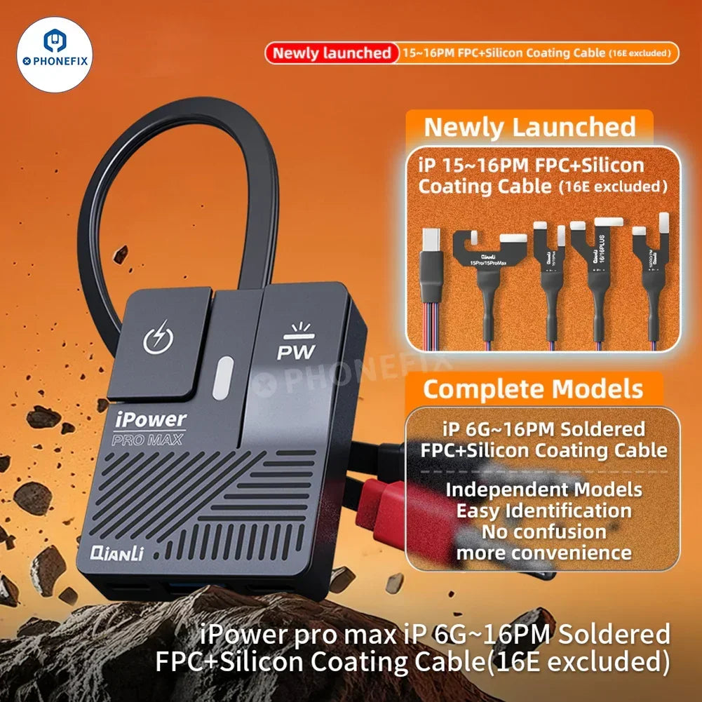 QIANLI PHONEFIX iPower Pro Max DC Power Supply Test Cable for iPhone 6 to 16 Pro Max, close-up of the cable with connectors