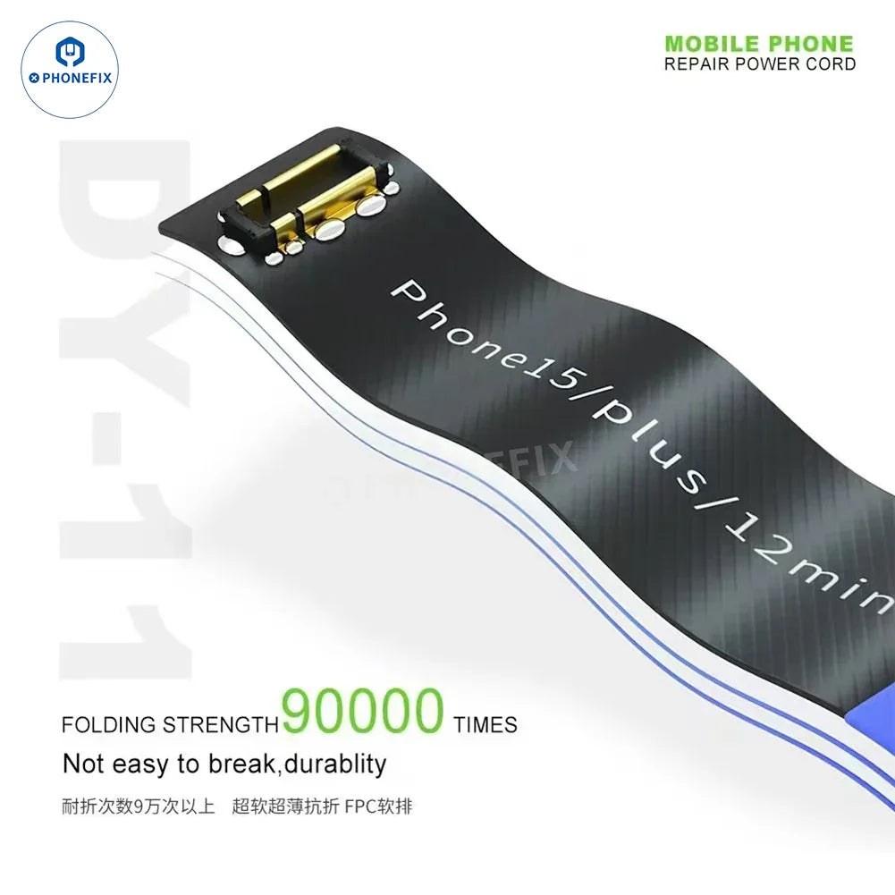 PhoneFix MIJING DY-11 power supply cable for iPhone 8-16 and Android devices, shown connected to a smartphone.