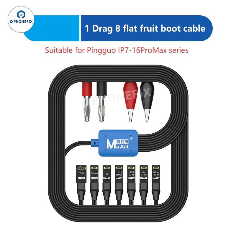 Phonefix MaAnt M064 8-in-1 power supply cable for iPhone 7 to 16 Pro Max, showing multiple connectors on a black cable.