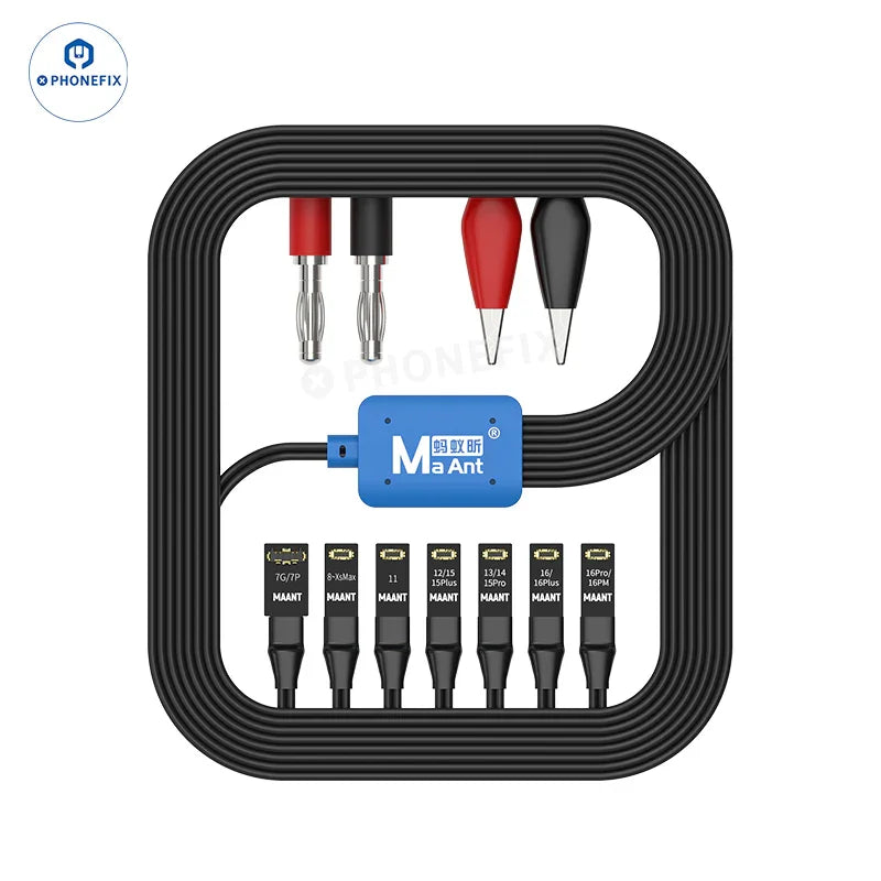 PHONEFIX MaAnt M064 8-in-1 power supply cable for iPhone 7 to 16 Pro Max, showing multiple connector types on a white background.