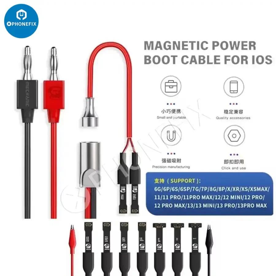 PhoneFix mechanic magnetic power boot cable for iPhone 6 to 15 Pro Max, showing the magnetic connector and power supply design.