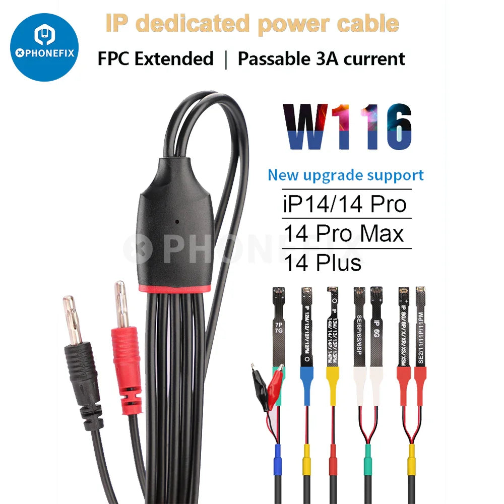 PhoneFix mechanic magnetic power boot cable for iPhone 6 to 15 Pro Max, showing the black power supply cable with magnetic connector.