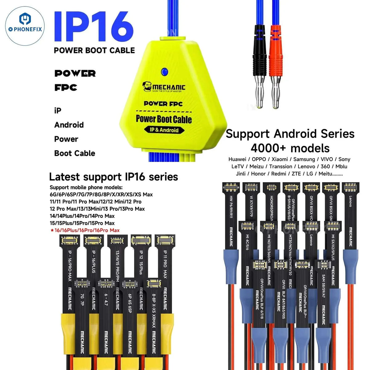 PhoneFix Power Supply Cable for iPhone 6-16 and Android phones, mechanic power PCB boot cable, durable phone repair accessory.