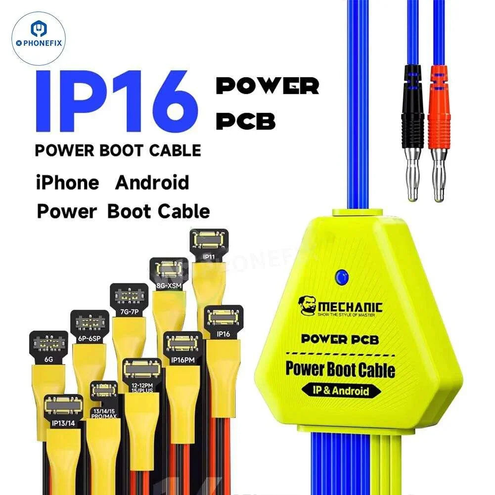 PhoneFix mechanic power PCB boot cable for iPhone 6-16 and Android phones, showing the power supply connection and PCB components.