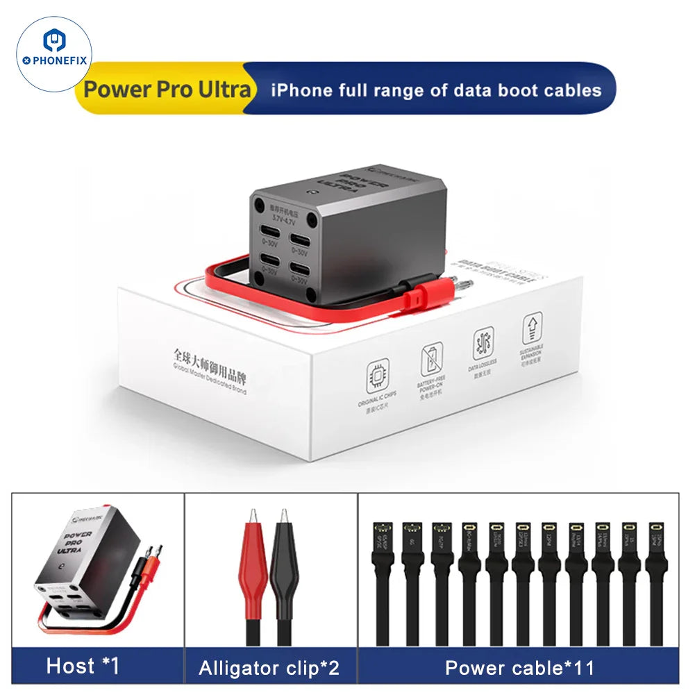 PhoneFix MECHANIC Power Pro Ultra Data Boot Cable for iPhone 6 to iPhone 16 Pro Max, showing a durable power supply cable.
