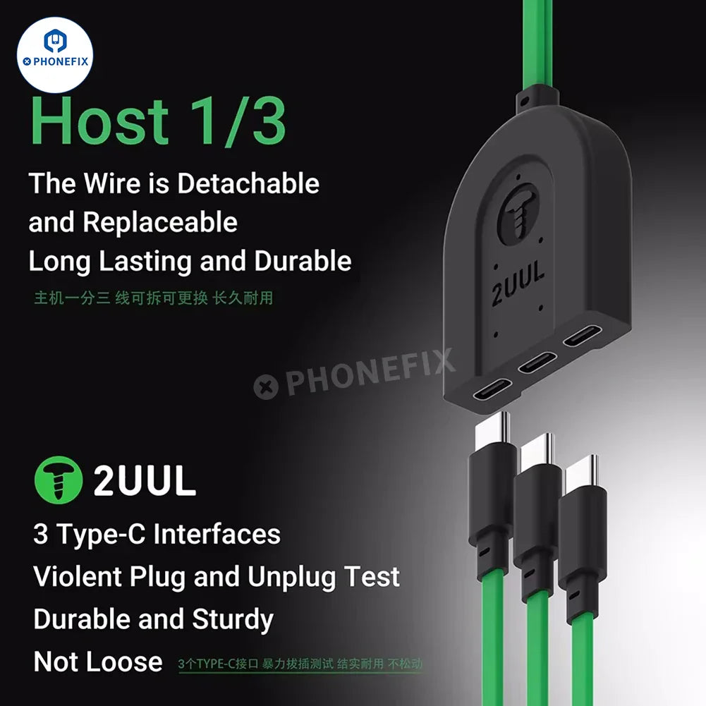 Cable de alimentación PhoneFix 2UUL PW02 para smartphones iPhone 7-16, Huawei, VIVO y OPPO, con conectores USB y de carga.