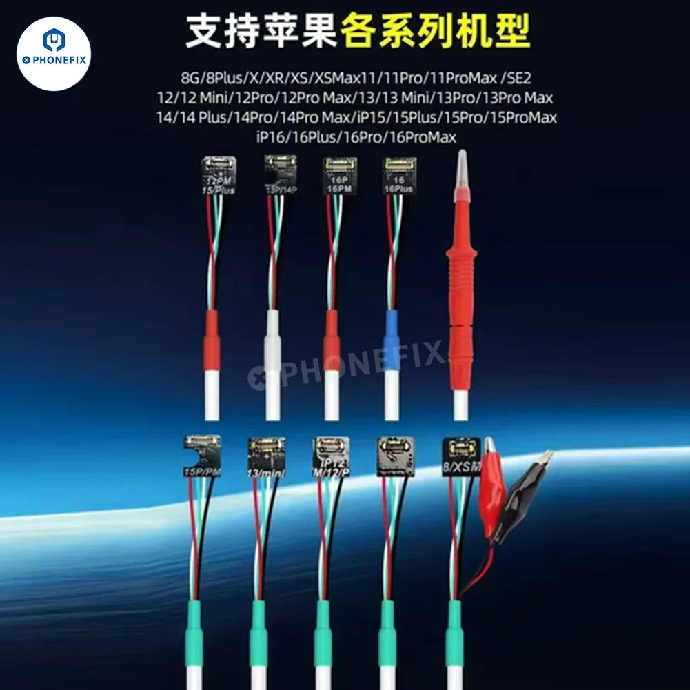 PhoneFix OSS Team W103A DC power cable for iPhone 8-16 Pro Max, showing the black power supply cable with connector ends.