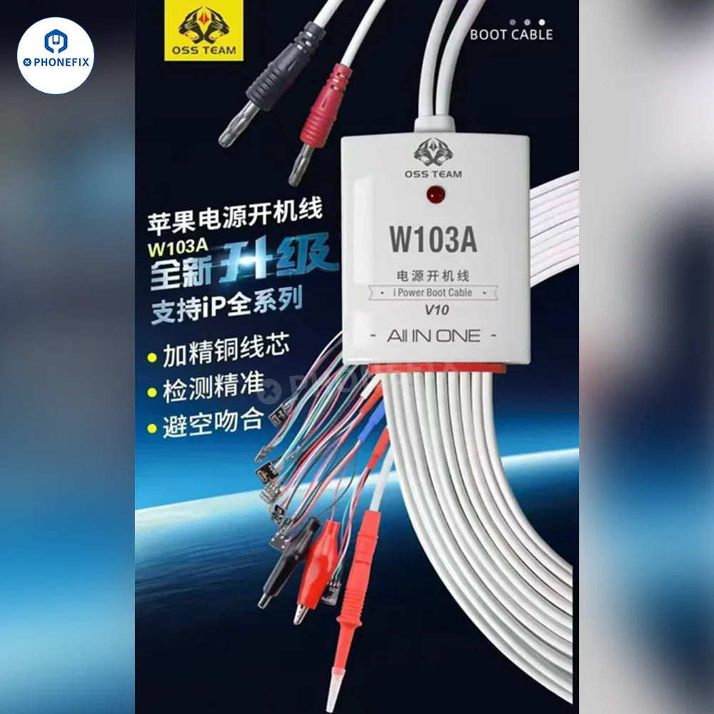 PhoneFix OSS TEAM W103A DC power cable for iPhone 8 to 16 Pro Max, used as a power supply cable for charging and repair.