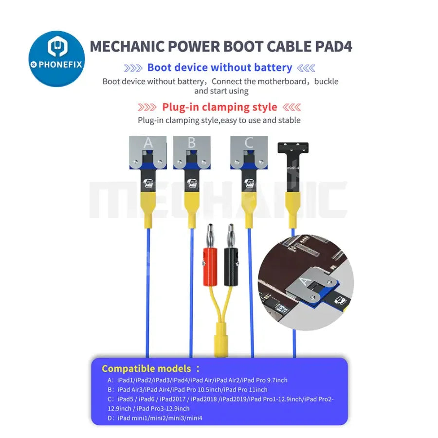 PHONEFIX Power Boot Cable for iPad models, including iPad 456 Mini 1234 and iPad Pro, used for charging and power supply.