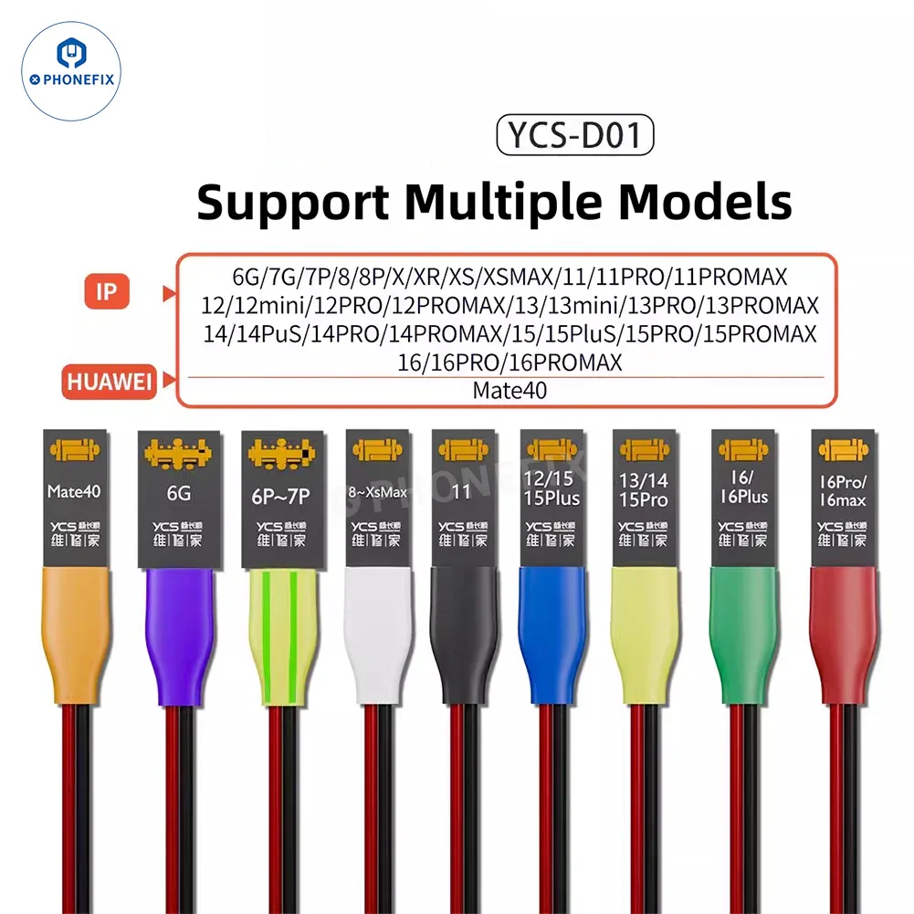 PHONEFIX YCS D01 D02 power supply cable for iPhone 6-16 Pro Max and Android Huawei devices, showing the USB charging cable.