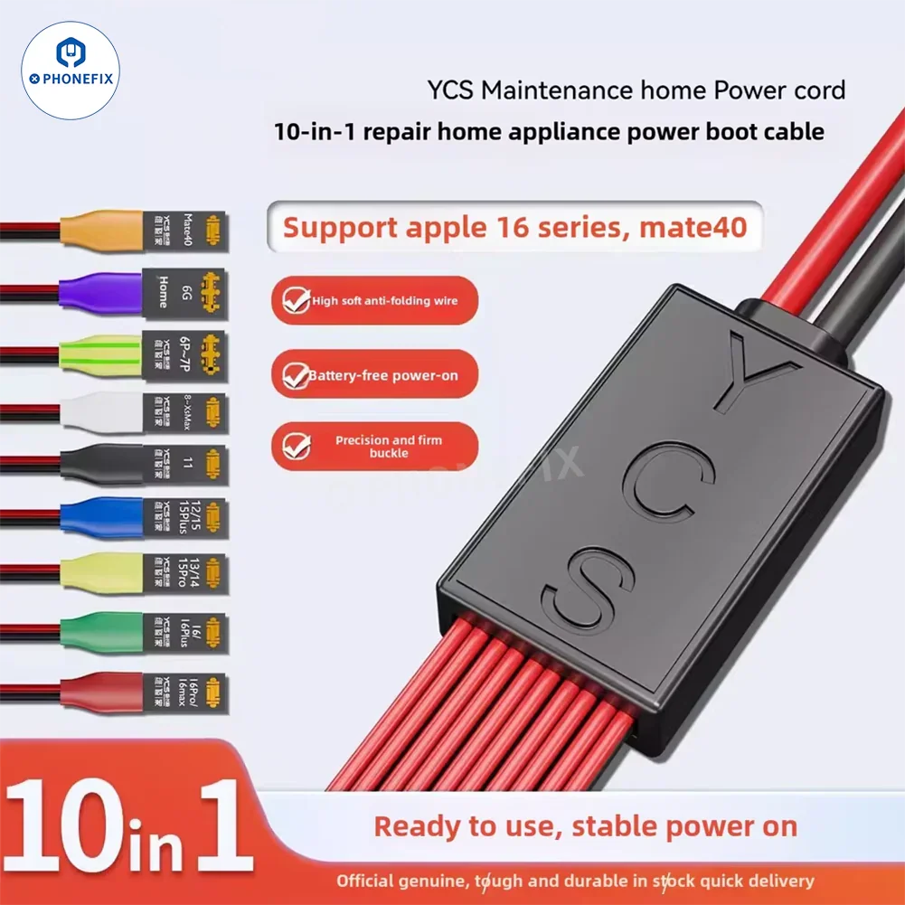 PHONEFIX power supply cable for iPhone 6 to iPhone 16 Pro Max and Android Huawei devices, featuring a durable connector and cable.