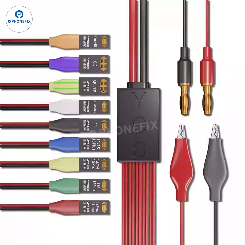 PHONEFIX YCS D01 D02 power supply cable for iPhone, Android, Huawei devices, showing a USB charging cable with connectors.