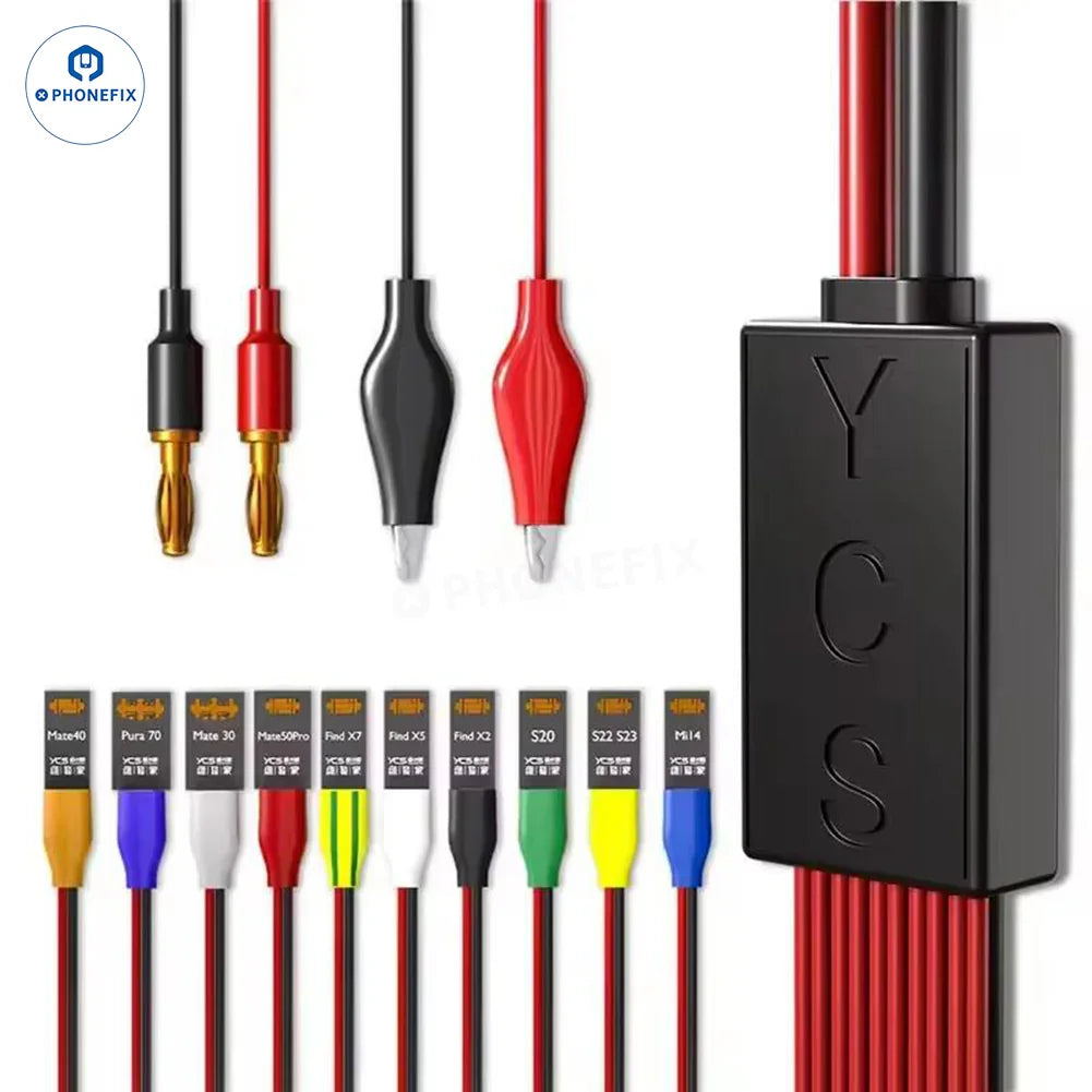 PHONEFIX YCS D01 D02 power supply cable for iPhone 6-16 Pro Max and Android Huawei devices, shown in the image.