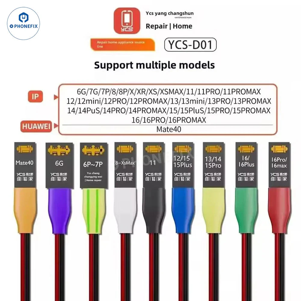 PHONEFIX YCS D01 power supply cable for iPhone 6 to 16 Pro Max and Android Huawei devices, shown in the image.