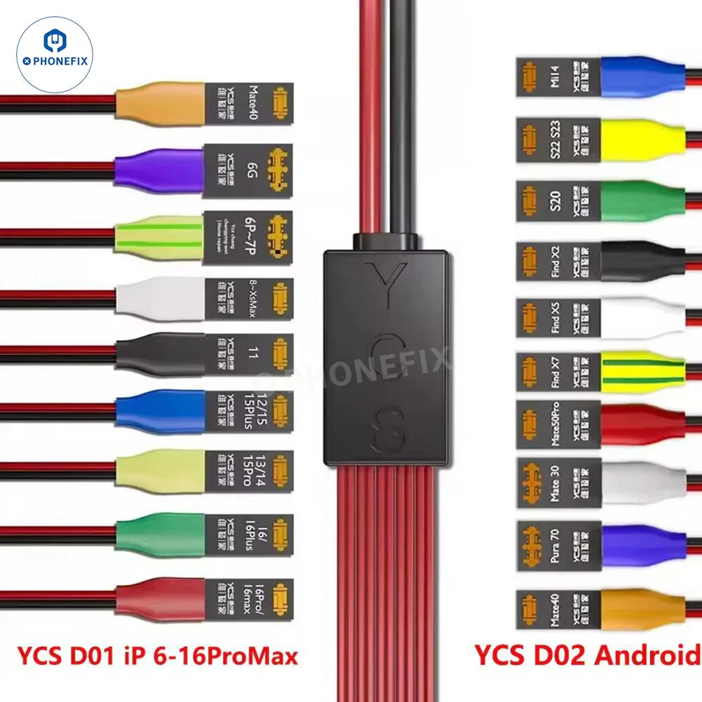 YCS D01 D02 Power Cable by PHONEFIX for iPhone 6 to 16 Pro Max and Android Huawei devices, showing a USB charging cable.
