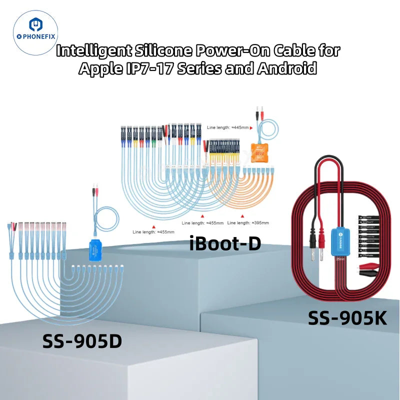 PHONEFIX Sunshine iBoot-D SS-905D/905K power supply test cable for iPhone 7-17 and Android devices, shown in the image.