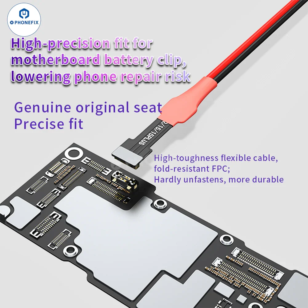 PHONEFIX JTX P6 Power Cable with Soft FPC Socket for iPhone 6 to 16 Pro Max, used as a power supply test cable.