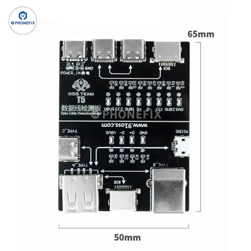 PHONEFIX OSS T5 Lightning Type-C Micro Data Cable Detection Board for power supply testing and data cable diagnostics.