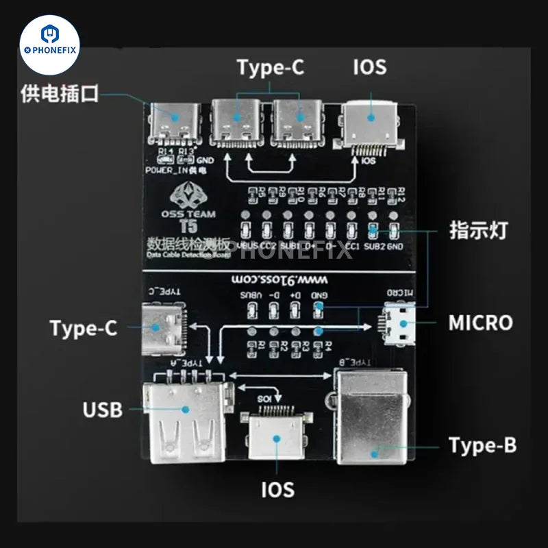 PhoneFix OSS T5 Lightning Type-C Micro Data Cable Detection Board for power supply testing and data cable diagnostics.