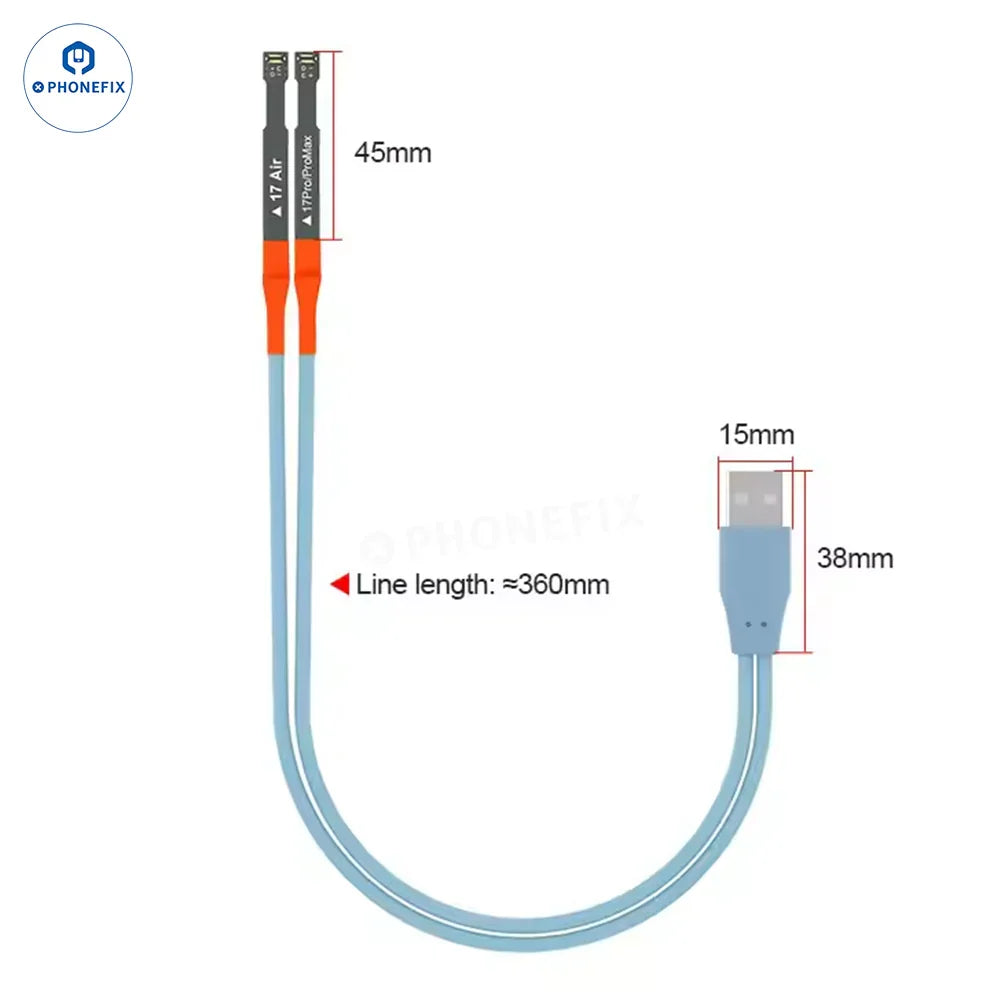PhoneFix SUNSHINE SS-908H power supply test cable for iPhone 17 Air and Pro Max, showing the cable and connector details.