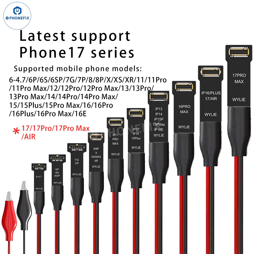 PHONEFIX WYLIE WL-647L power supply test cable for iPhone 6 to Pro Max, used for charging and device testing.