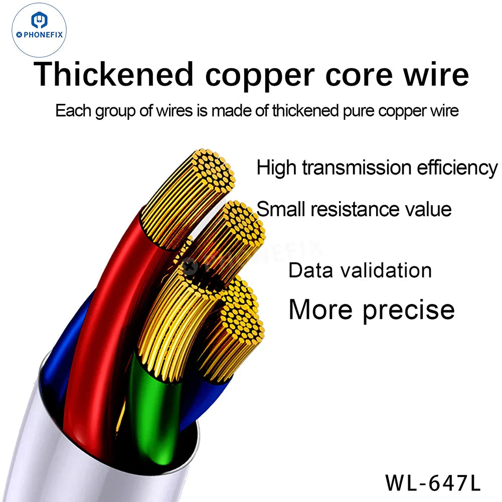 PHONEFIX WYLIE WL-647L power supply test cable for iPhone 6 to Pro Max, used for charging and testing power connections.