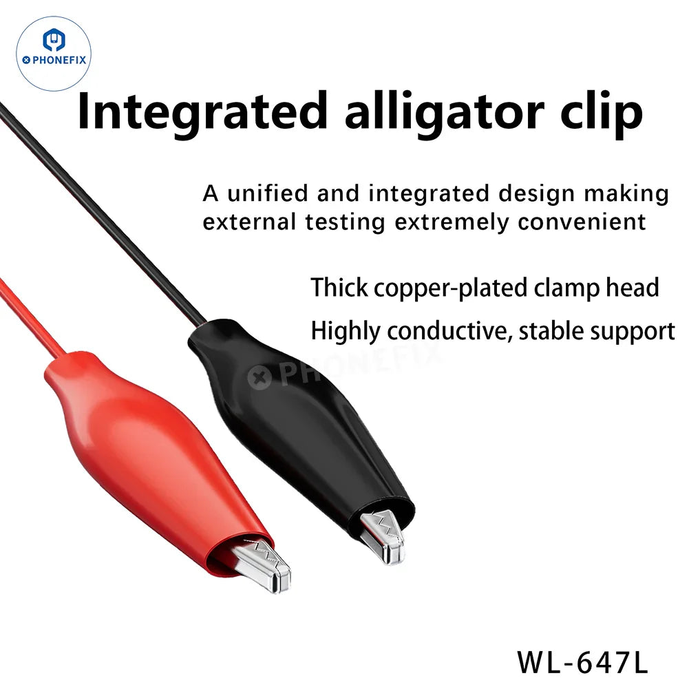 PHONEFIX WYLIE WL-647L power supply test cable for iPhone 6 to 17 Pro Max, used for charging and diagnostics.