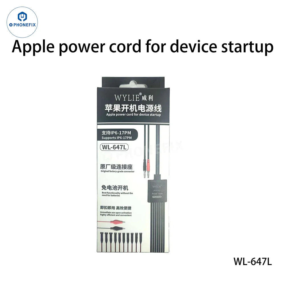 PHONEFIX WYLIE WL-647L Power Boot Cable for iPhone 6 to 17 Pro Max, used for power supply testing and diagnostics.
