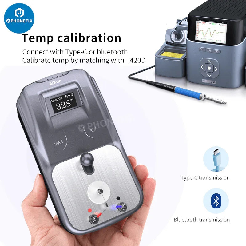 Aixun DT01 digital display temperature detection calibration tool by PHONEFIX, a power tool with a digital temperature display.