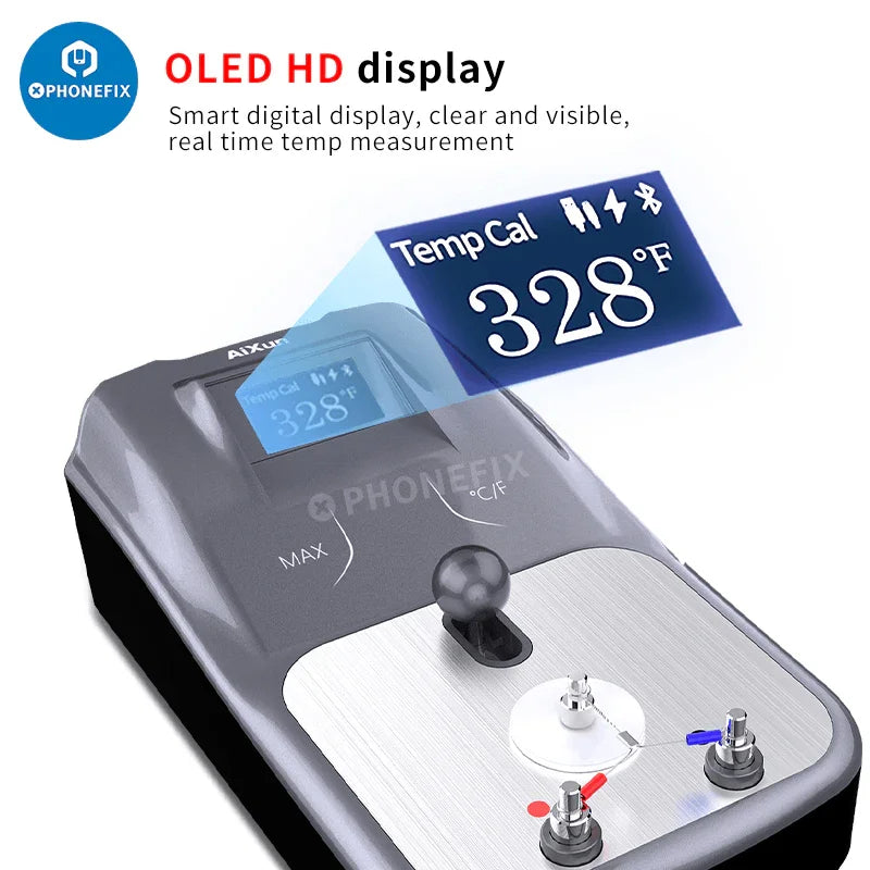 Aixun DT01 digital display temperature detection calibration tool from PHONEFIX, used for precise temperature measurements in power tools.