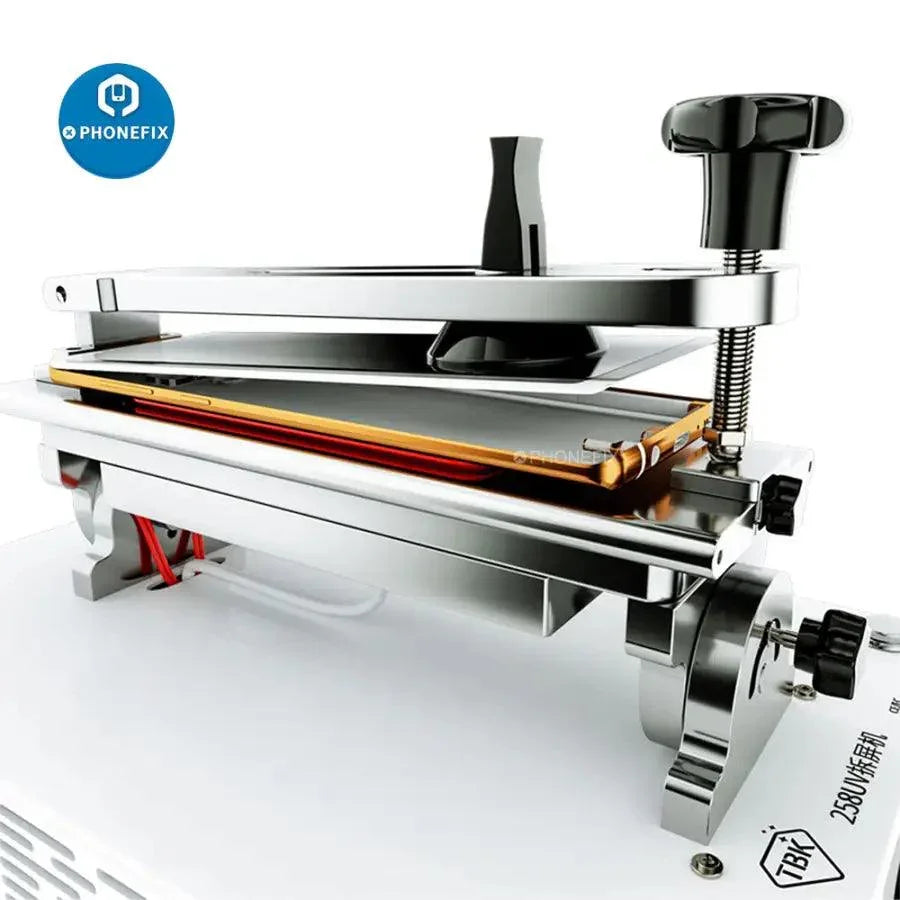 400W UV multi-function TBK-258 LCD screen housing frame separator machine at a pre-heating station, used for phone repair.
