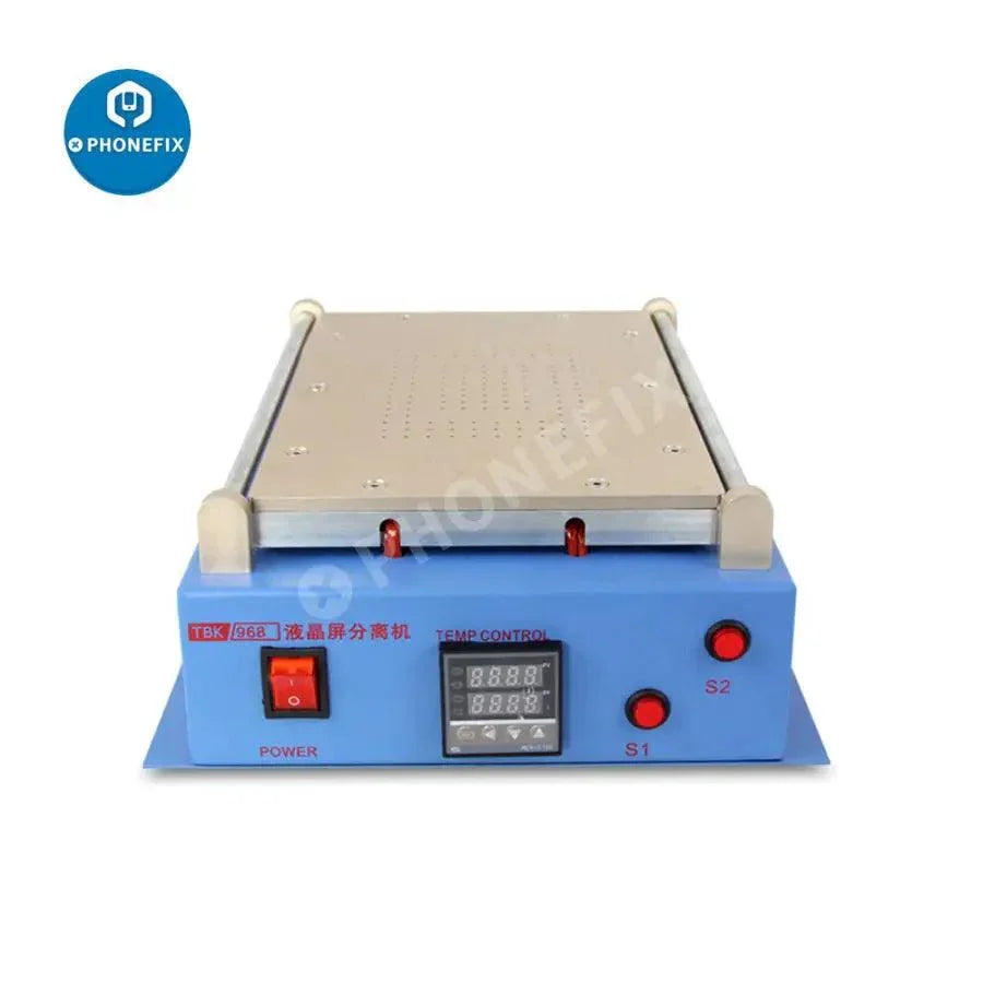Pre-heating station for TBK-968 14-inch automatic vacuum LCD screen separator machine by PHONEFIX, showing the equipment setup.