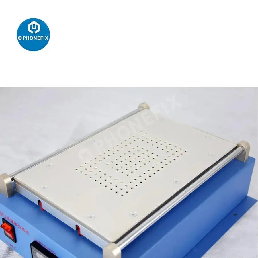 Pre-heating station of TBK-968 14-inch automatic vacuum LCD screen separator machine by PHONEFIX, showing the device's heating panel and controls.