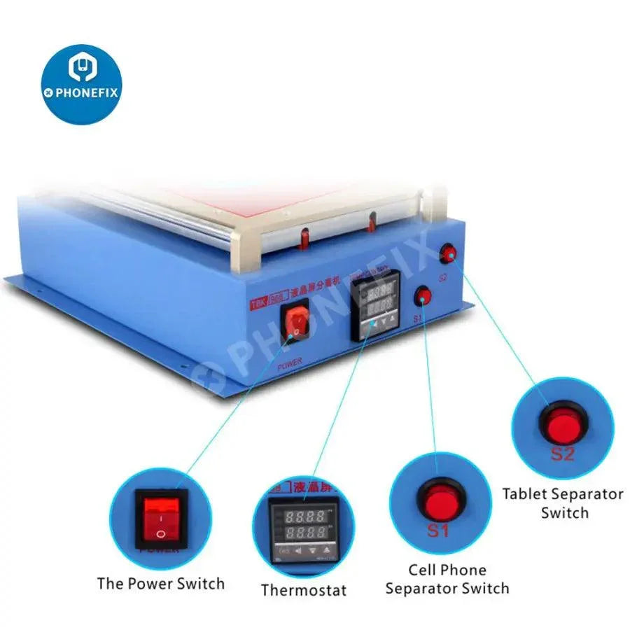 Pre-heating station for TBK-968 14-inch automatic vacuum LCD screen separator machine by PHONEFIX, showing the device's LCD screen area.