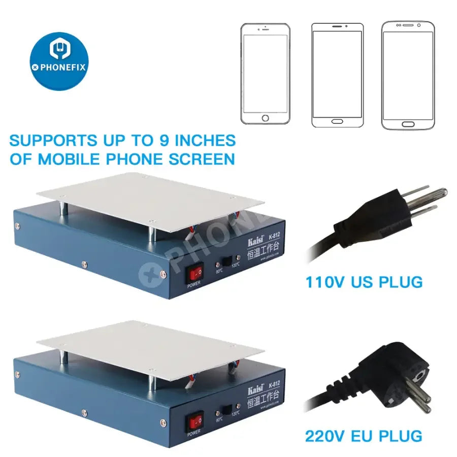 PhoneFix K-812/816 LCD screen separator pre-heating station for phone repair, with glass removal and heating functions.