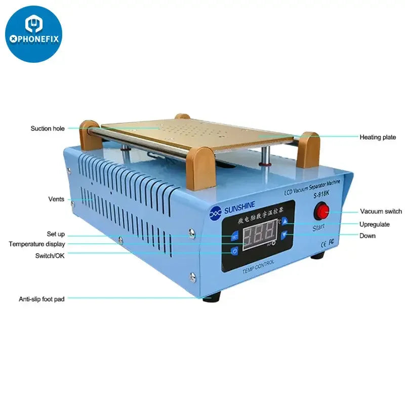 PHONEFIX Sunshine S-918K pre-heating station for mobile phone screens, LCD separator vacuum machine in a compact design.