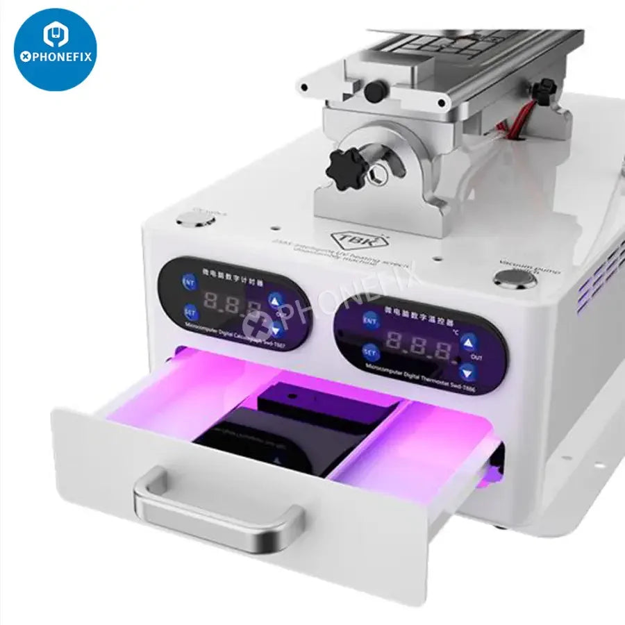 Machine de séparation d'écran PhoneFix TBK-258S avec boîte à lumière de polymérisation UV pour le préchauffage et les réparations d'écran, illustrée en utilisation.