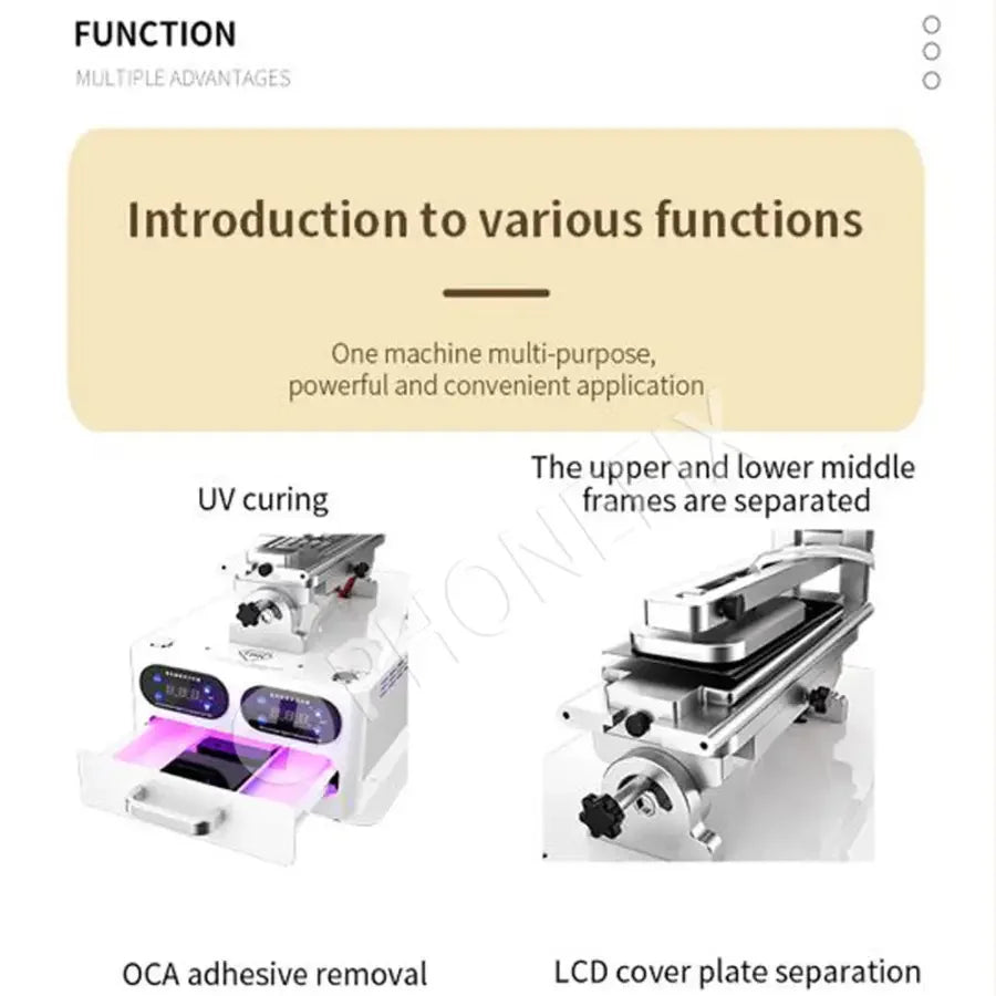 Machine de séparation d'écran PhoneFix TBK-258S avec boîte à lumière de polymérisation UV, station de préchauffage pour la réparation d'écrans de téléphones portables.