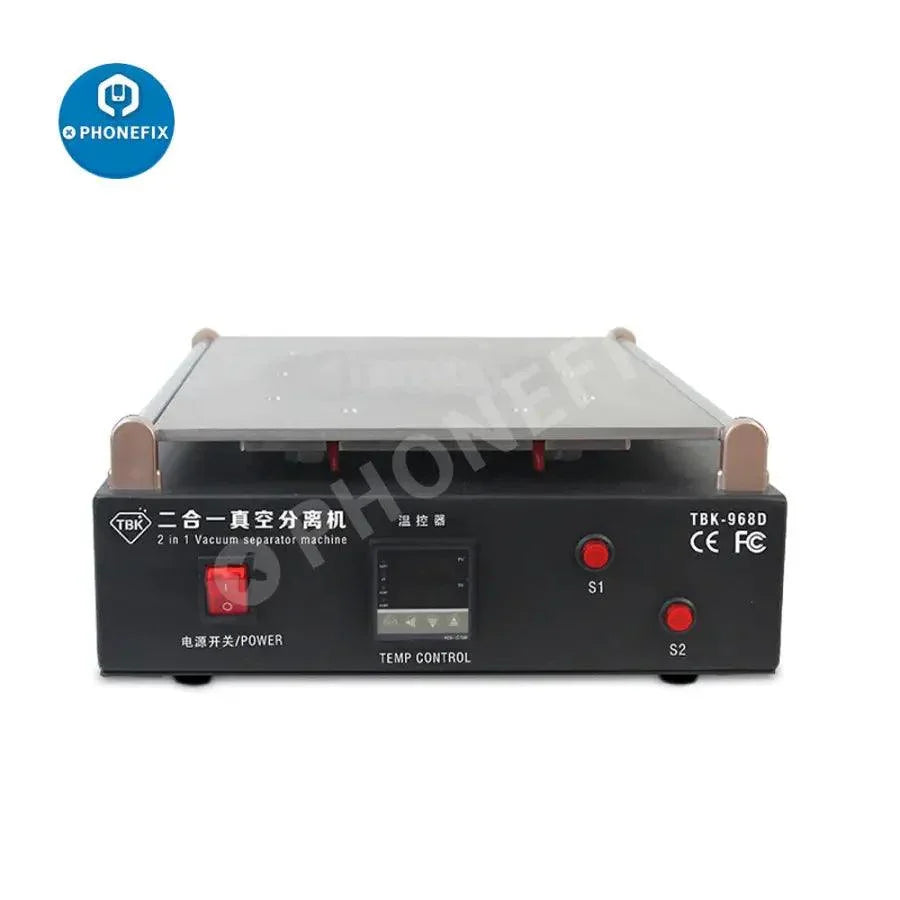 PHONEFIX TBK-968D LCD separator pre-heating station with vacuum machine for OCA screen repair, showing control panel and heating elements.