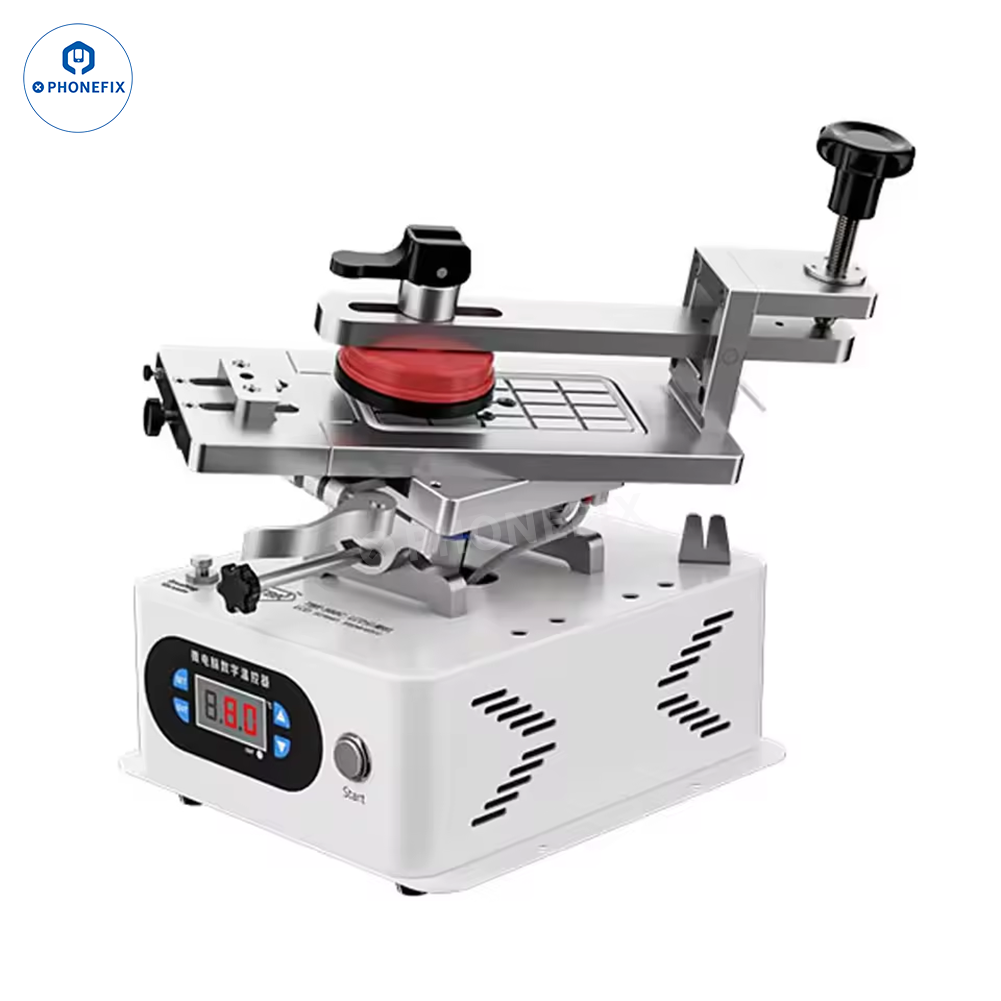PHONEFIX TBK-988C Rotary LCD screen separator pre-heating station with frame remover and OCA glue application tools.