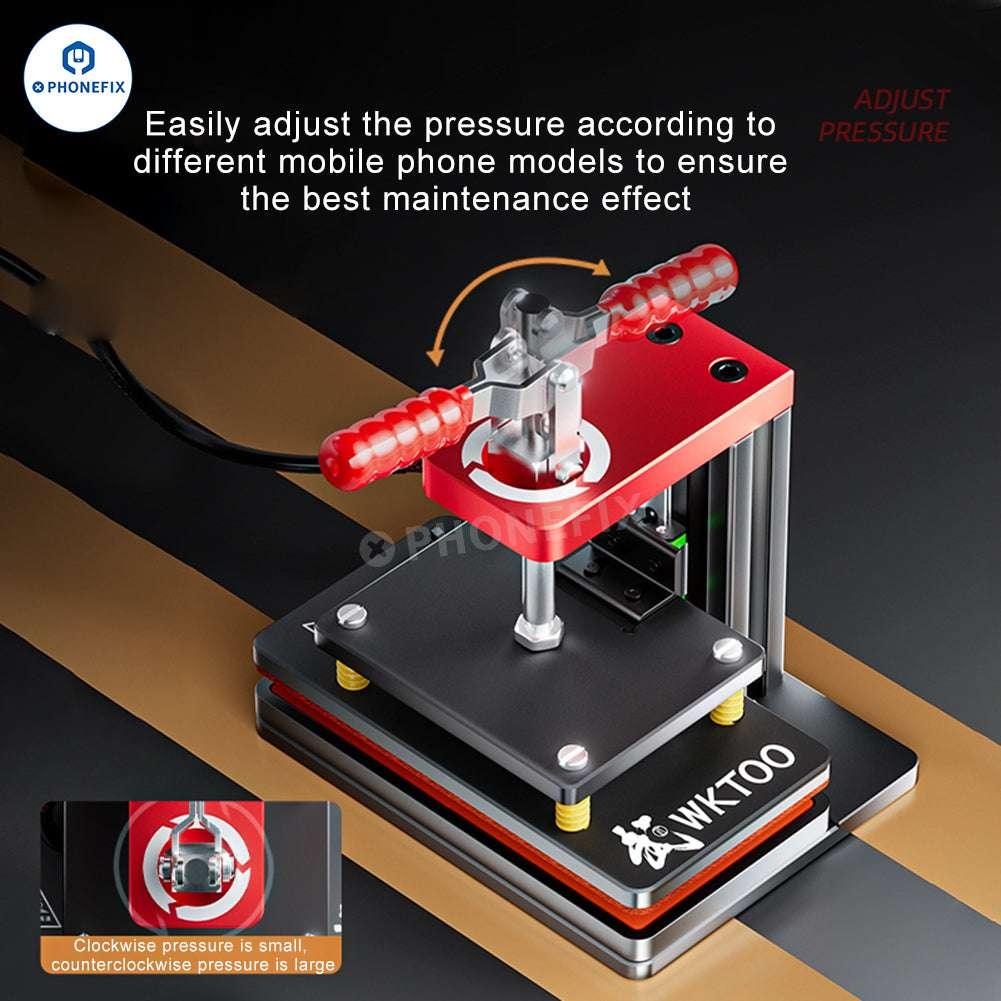 PhoneFix pressure holding machine for phone screen frame back cover repair, pre-heating station with adjustable clamps.