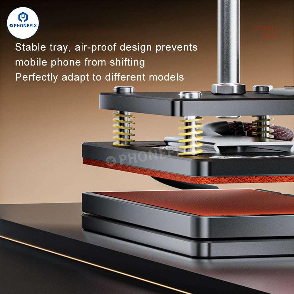 PHONEFIX pre-heating station for phone screen frame back cover repair, showing the pressure holding machine in use.