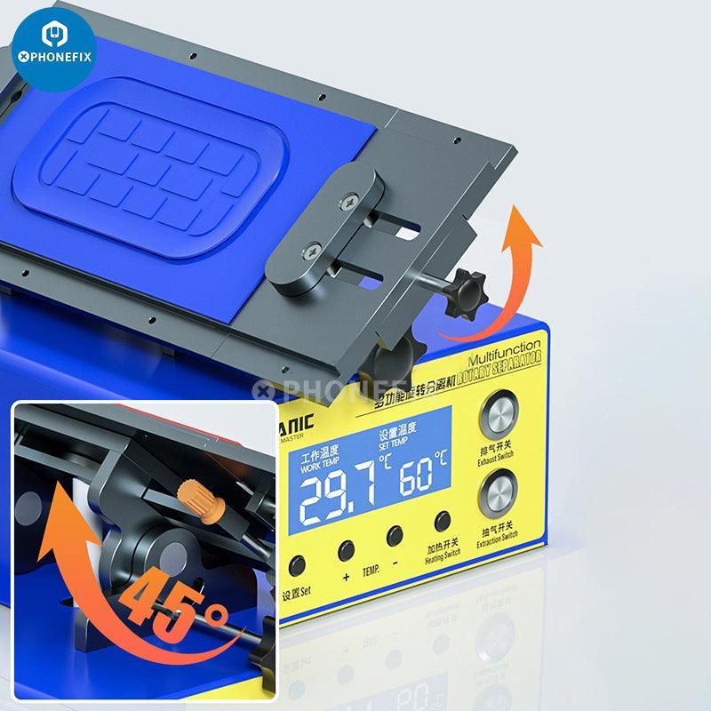 PhoneFix Mechanic 361 Ultra 14-inch screen rotary separator machine at pre-heating station, showing industrial equipment for phone repairs.