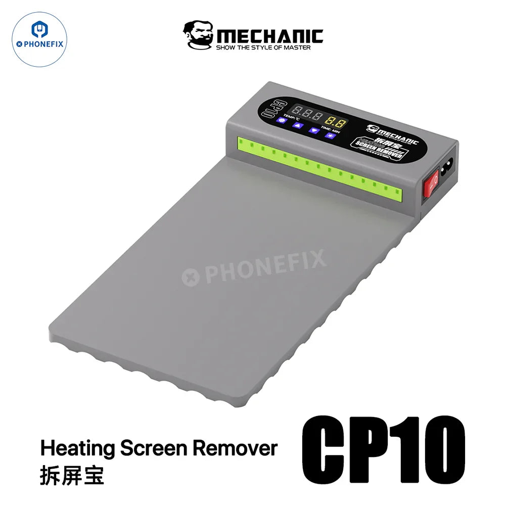 PHONEFIX MECHANIC CP10 10.5-inch screen remover heating pad for phone and iPad pre-heating station on a workbench.